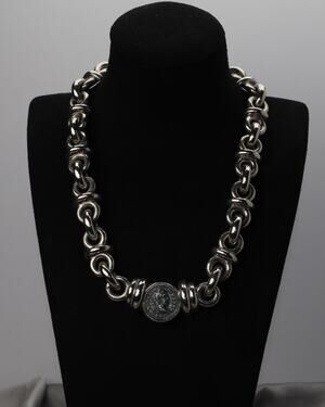 Vintage Sterling Silver Heavy Roman Coin Chain Necklace 85G / 17in